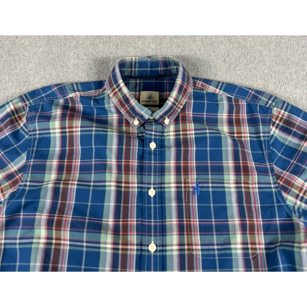 Johnnie-O Shirt Mens L Blue Tartan Plaid Hangin Out Button Down Short Sleeve